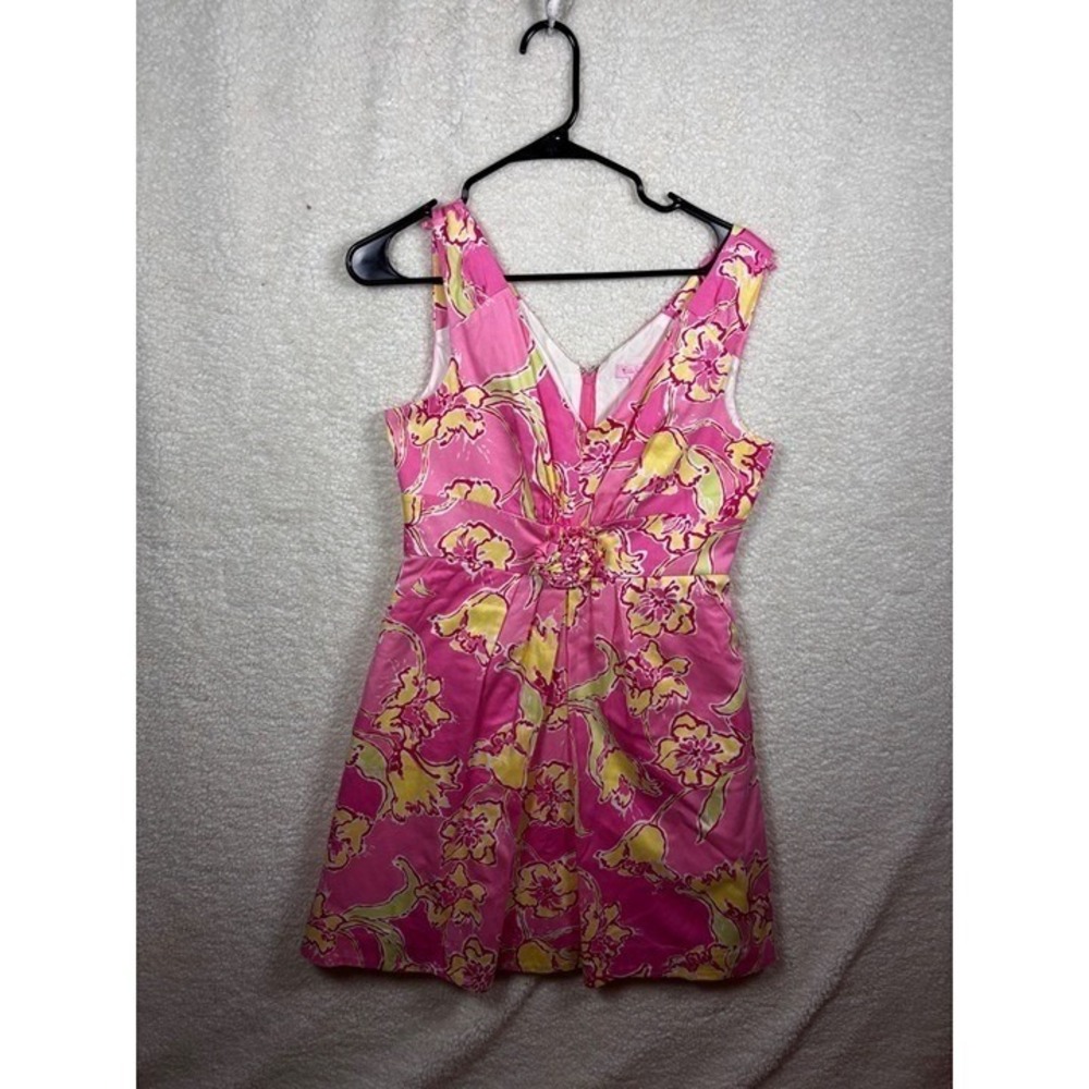 Lilly Pulitzer Floral Mini Dress Women 8 Pink Yellow Rosette V-Neck Preppy